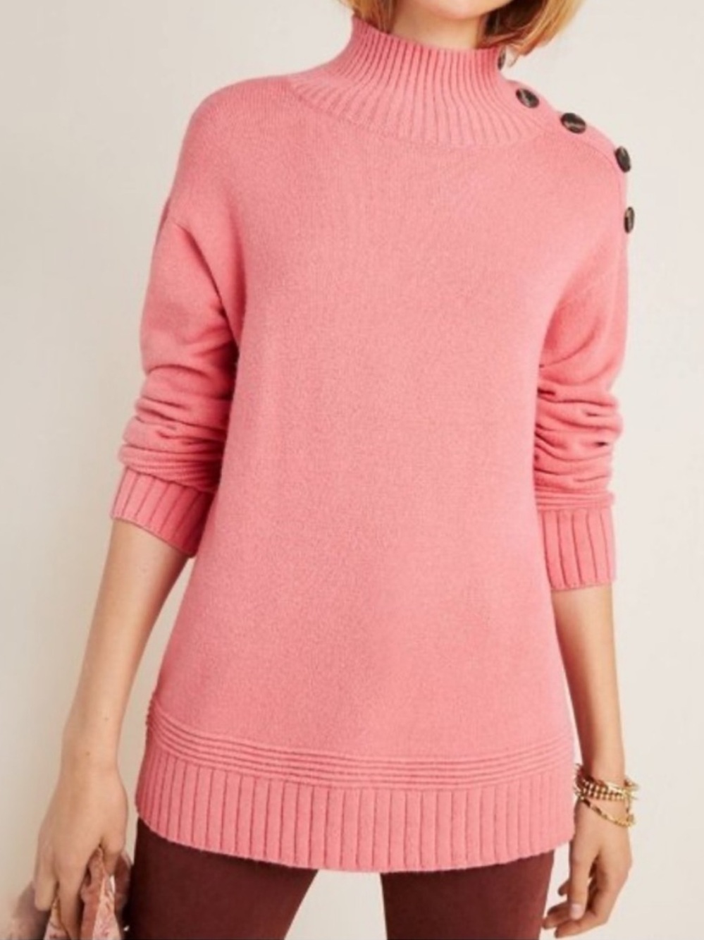 Anthropologie Margarita Tunic Sweater Button Mock Neck Turtleneck Pink Size XS